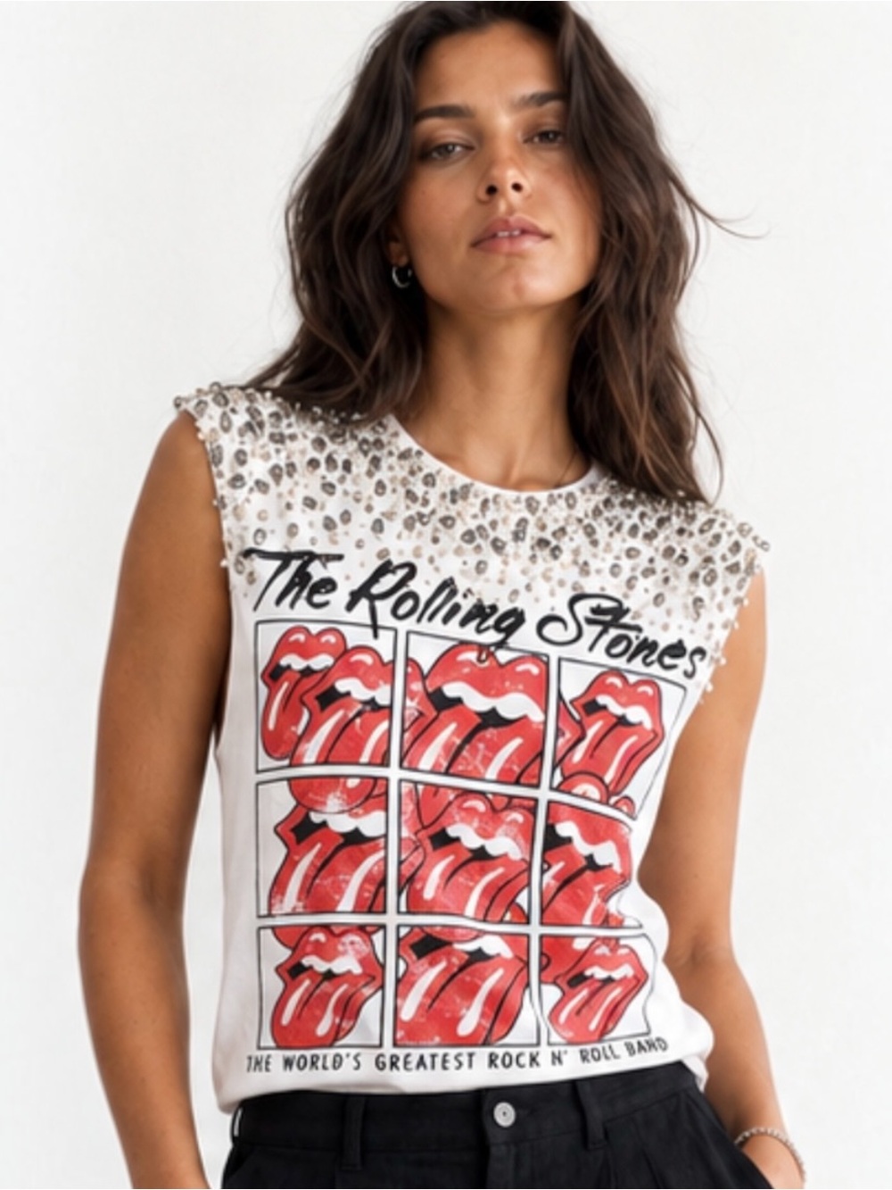Alice + Olivia Micah Rolling Stones Embellished Muscle Tee XS/S Glam Rock Y2K